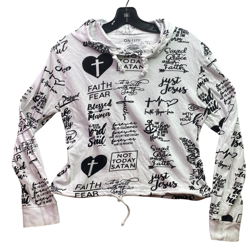 On Fire Hoodie‎ Girls Large Religious Spell Out AOP Preppy Everyday Streetwear